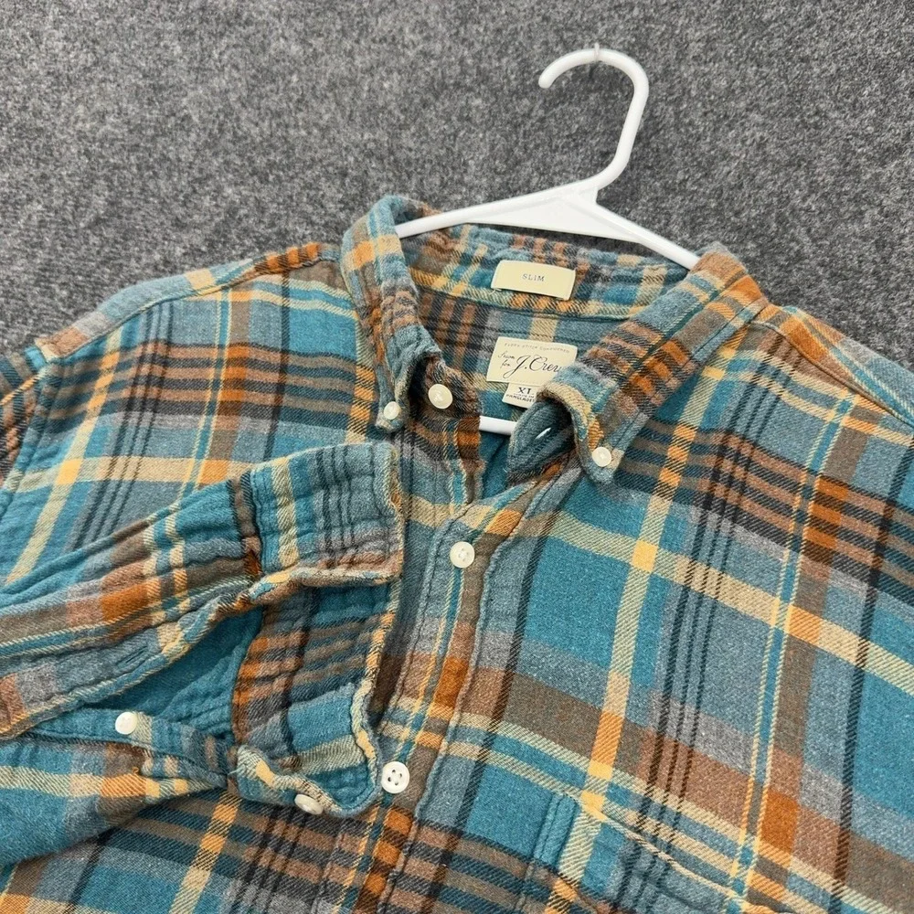 J Crew Button Down Shirt Mens XL Blue Cotton Plaid Slim Fit Flannel Casual